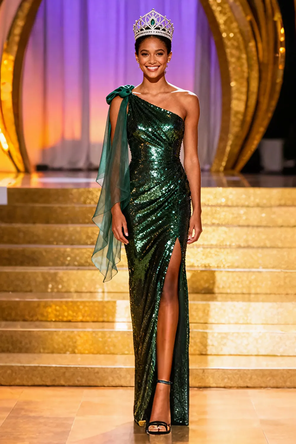 Sparkly Dark Green Sequin Mermaid One Shoulder Long Pageant Dress with Slit sold by Zapaka
