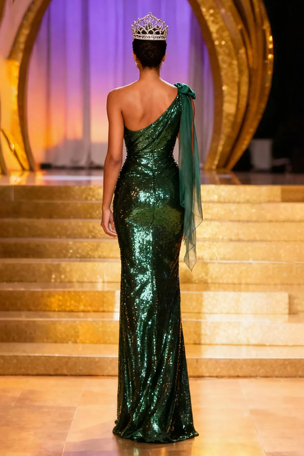 Sparkly Dark Green Sequin Mermaid One Shoulder Long Pageant Dress with Slit sold by Zapaka product image thumbnail 2