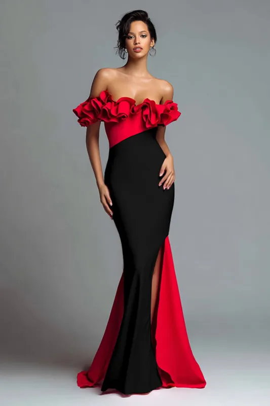 Black and Red Mermaid Ruffled Off the Shoulder Long Formal Dress with Slit sold by Zapaka