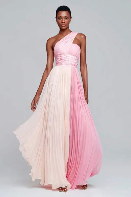 Pink One Shoulder A Line Chiffon Long Formal Dress with Pleats sold by Zapaka