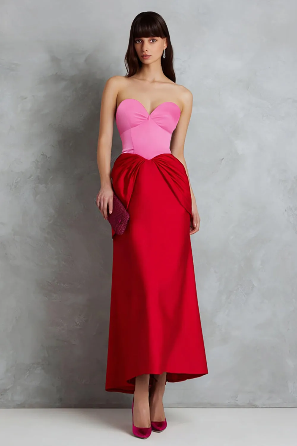 Red and Fuchsia Satin Sweetheart Sheath Midi Formal Dress sold by Zapaka