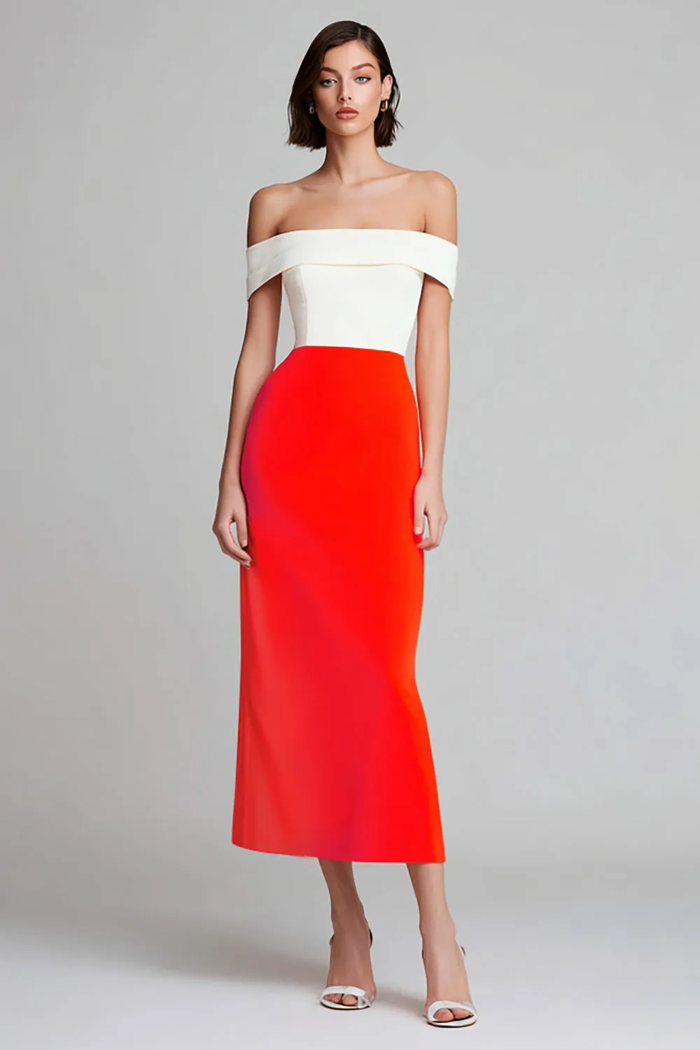 Ivory and Orange Off the Shoulder Sheath Midi Formal Dress sold by Zapaka