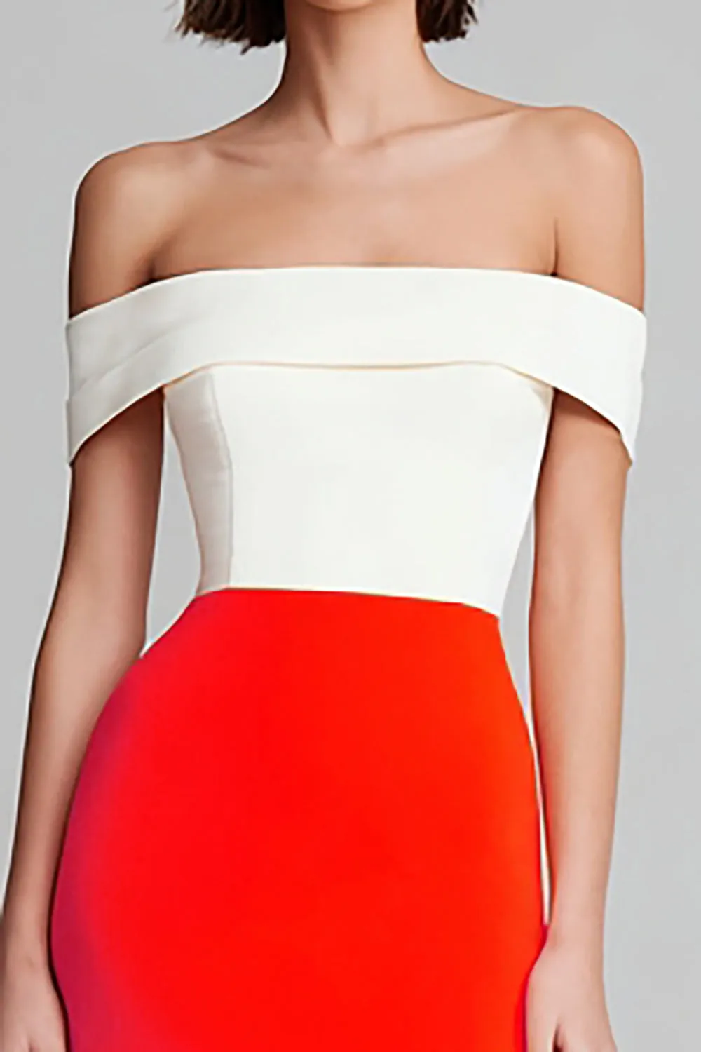 Ivory and Orange Off the Shoulder Sheath Midi Formal Dress sold by Zapaka product image thumbnail 2