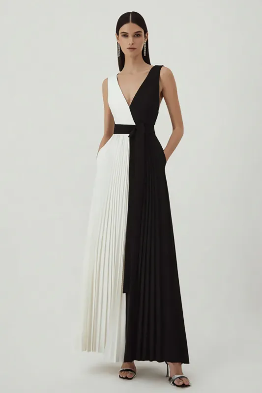Black and White Pleated V-Neck A Line Long Formal Dress sold by Zapaka