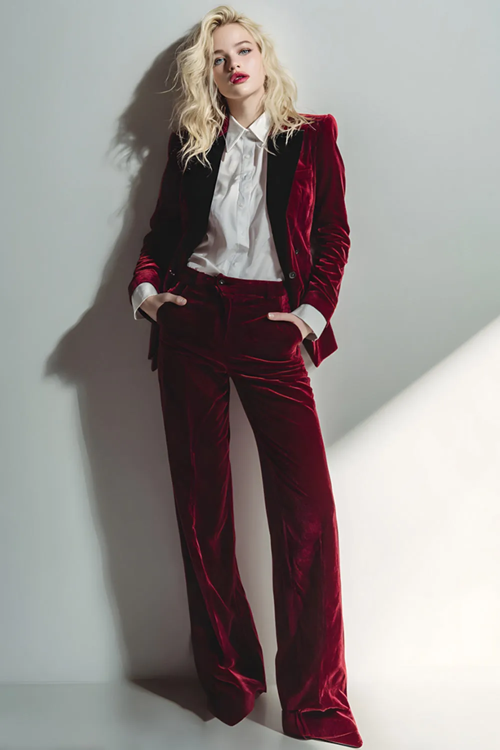 Burgundy 2 Piece Velvet Long Sleeve Business Suits with Pockets sold by Zapaka