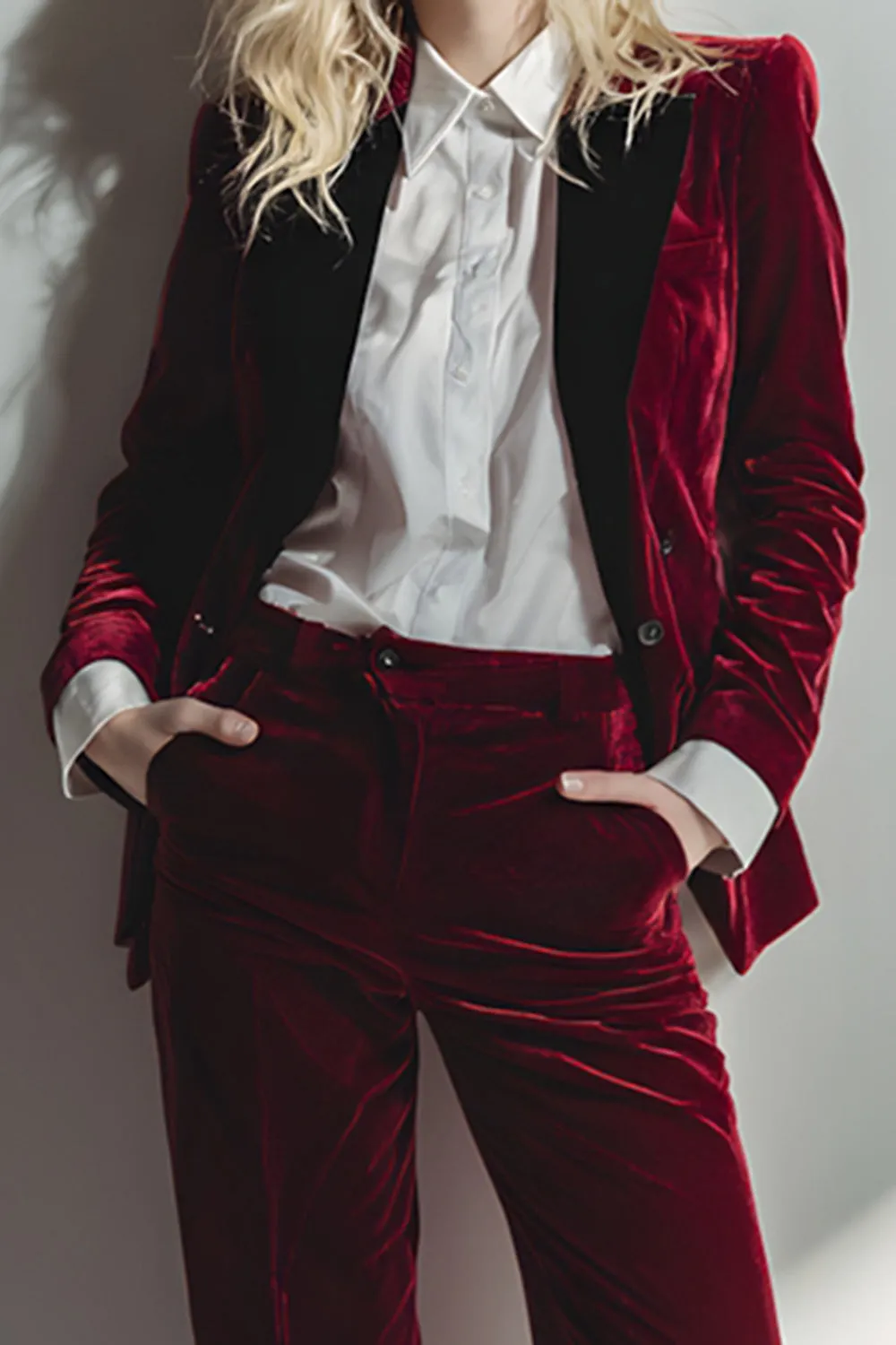 Burgundy 2 Piece Velvet Long Sleeve Business Suits with Pockets sold by Zapaka product image thumbnail 2