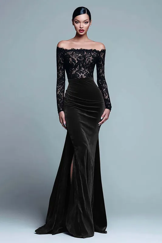 Off The Shoulder Mermaid Lace Velvet Black Formal Dress With Slit sold by Zapaka