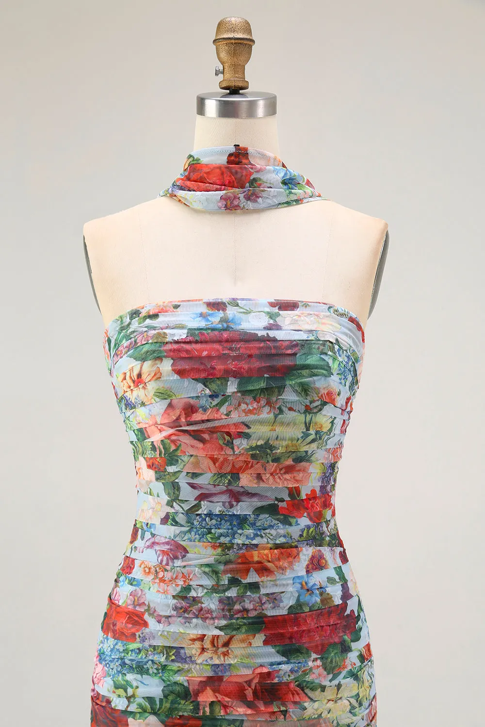 Strapless Blue Red Flower Neck Scarf Ruched Wedding Guest Dress with Slit sold by Zapaka product image thumbnail 4