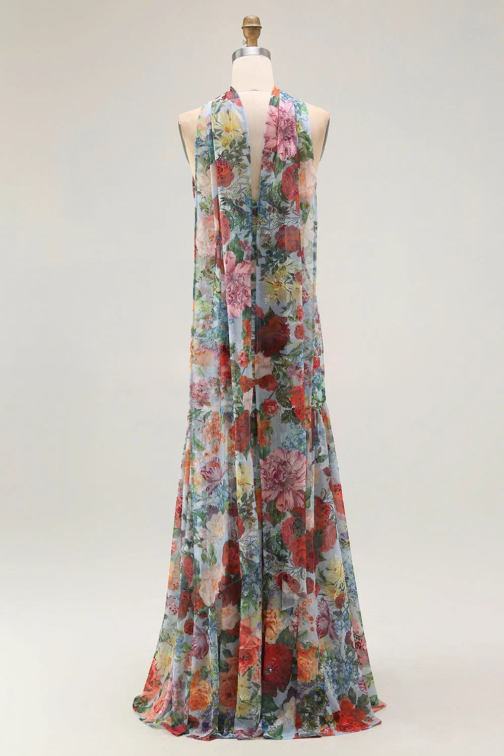 Strapless Blue Red Flower Neck Scarf Ruched Wedding Guest Dress with Slit sold by Zapaka product image thumbnail 2