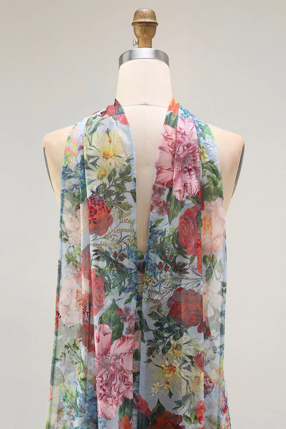 Strapless Blue Red Flower Neck Scarf Ruched Wedding Guest Dress with Slit sold by Zapaka product image thumbnail 5