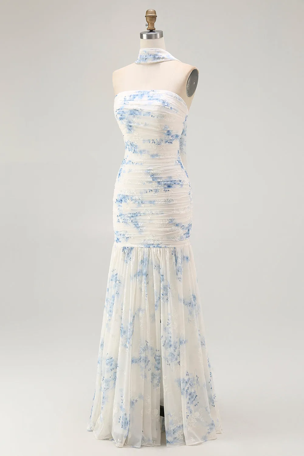 White Blue Flower Sheath Strapless Velvet Burnout Wedding Guest Dress with Slit sold by Zapaka product image thumbnail 3