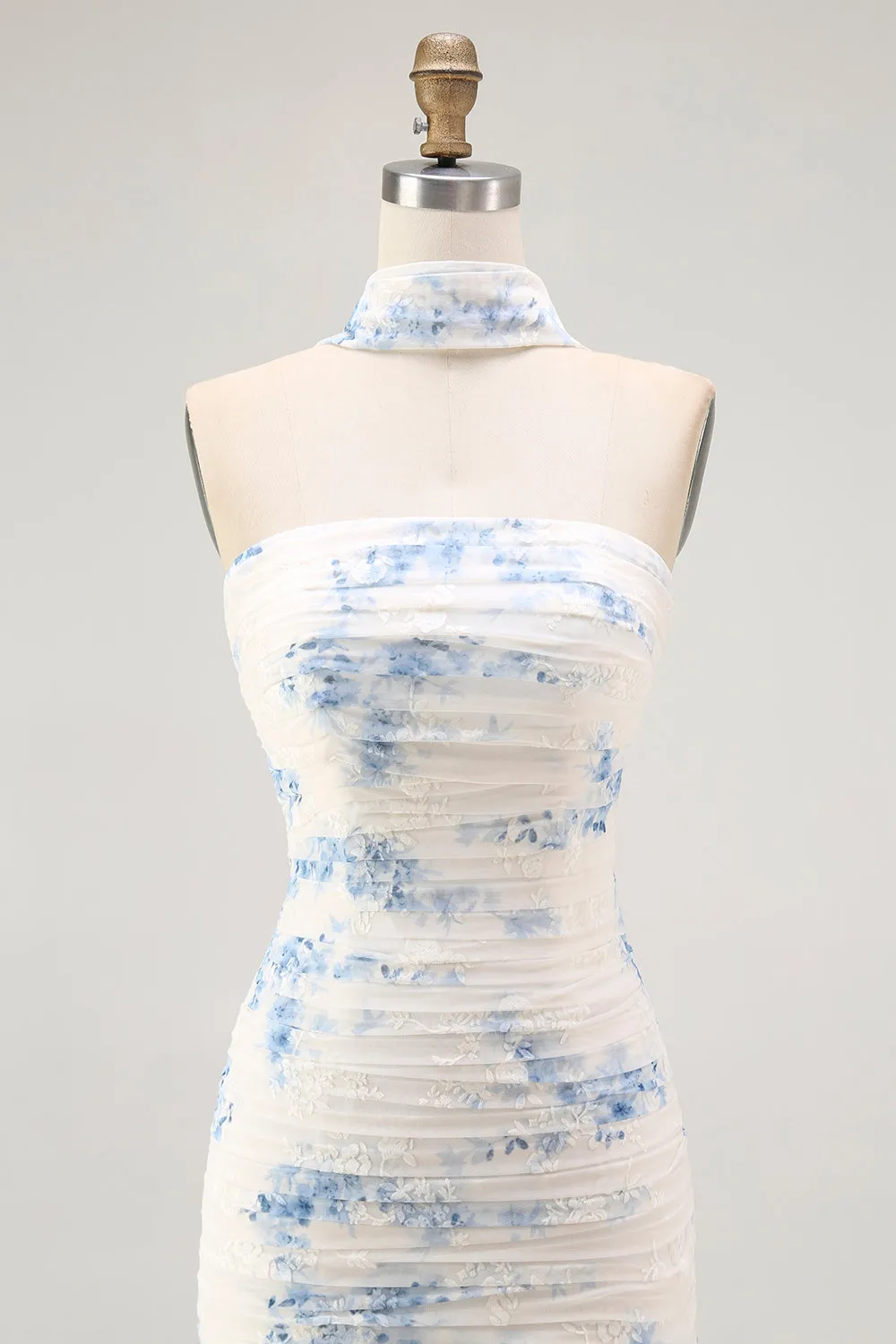 White Blue Flower Sheath Strapless Velvet Burnout Wedding Guest Dress with Slit sold by Zapaka product image thumbnail 4