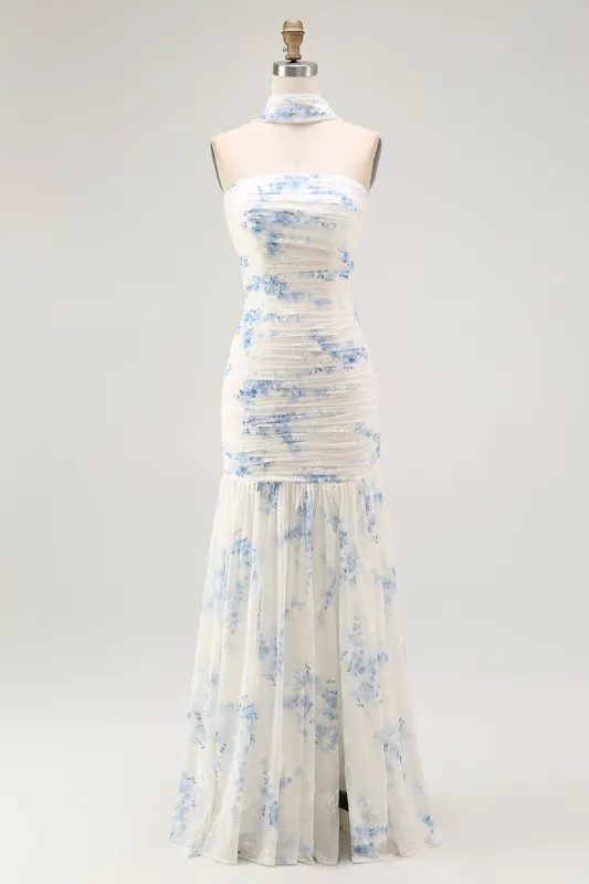White Blue Flower Sheath Strapless Velvet Burnout Wedding Guest Dress with Slit made by Zapaka