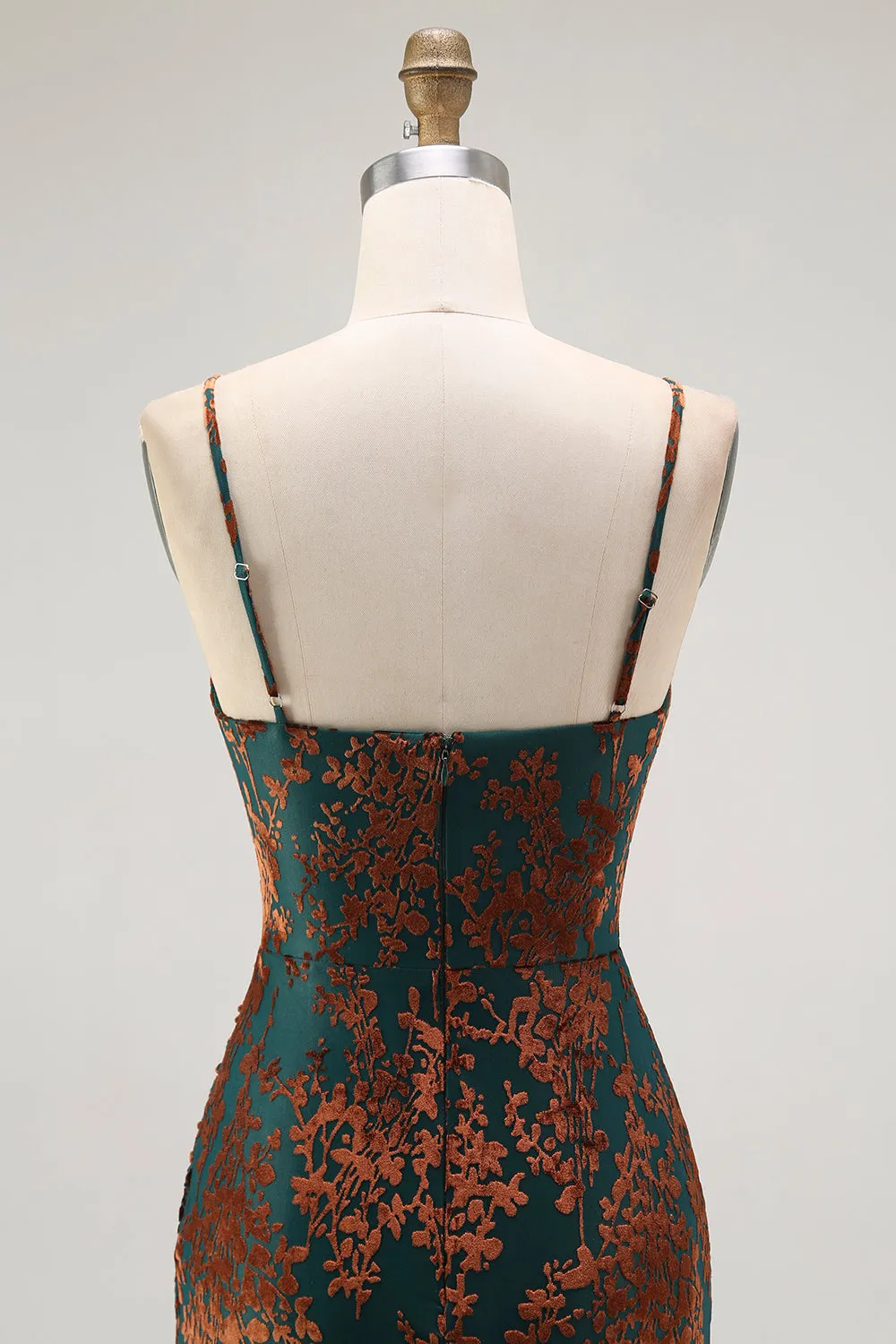 Dark Green Sheath Spaghetti Straps Velvet Burnout Maxi Dress with Slit sold by Zapaka product image thumbnail 5