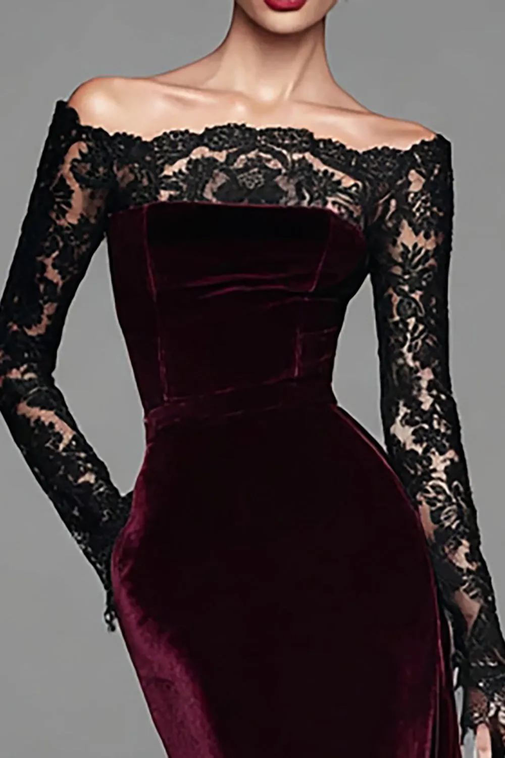 Burgundy Velvet Mermaid Long Sleeve Formal Dress with Lace sold by Zapaka product image thumbnail 3