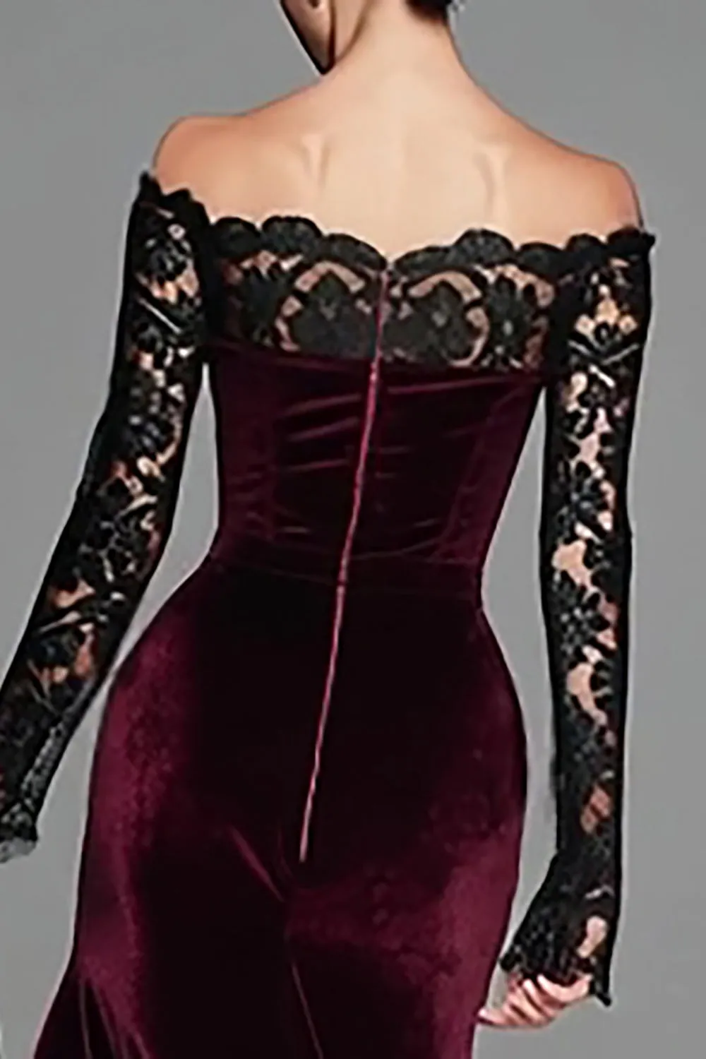 Burgundy Velvet Mermaid Long Sleeve Formal Dress with Lace sold by Zapaka product image thumbnail 4