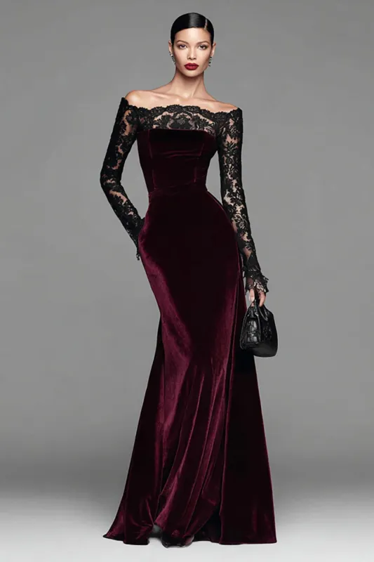 Burgundy Velvet Mermaid Long Sleeve Formal Dress with Lace sold by Zapaka
