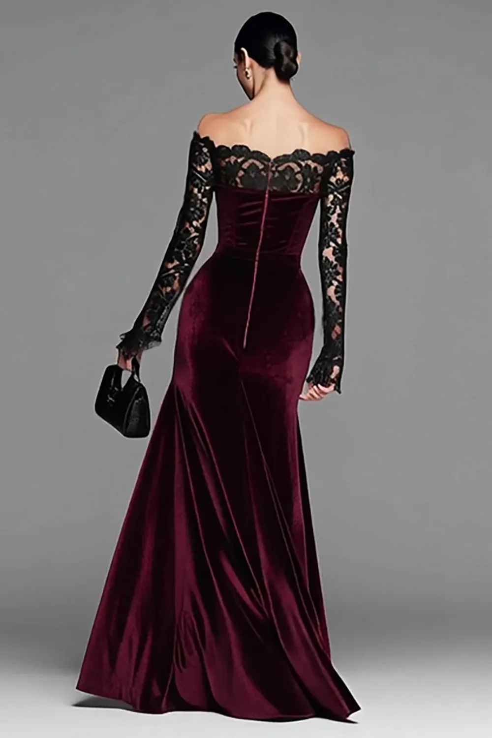 Burgundy Velvet Mermaid Long Sleeve Formal Dress with Lace sold by Zapaka product image thumbnail 2