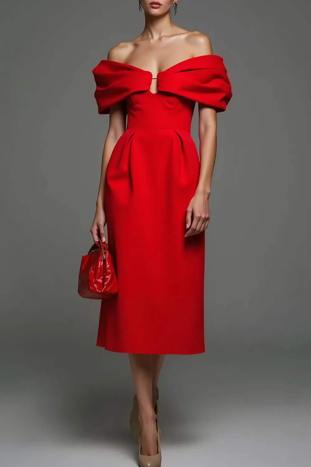 Red Sheath Off the Shoulder Midi Formal Dress sold by Zapaka