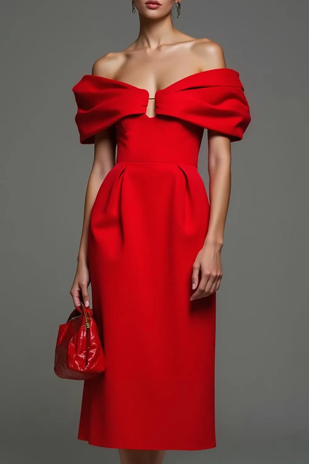 Red Sheath Off the Shoulder Midi Formal Dress sold by Zapaka product image thumbnail 3