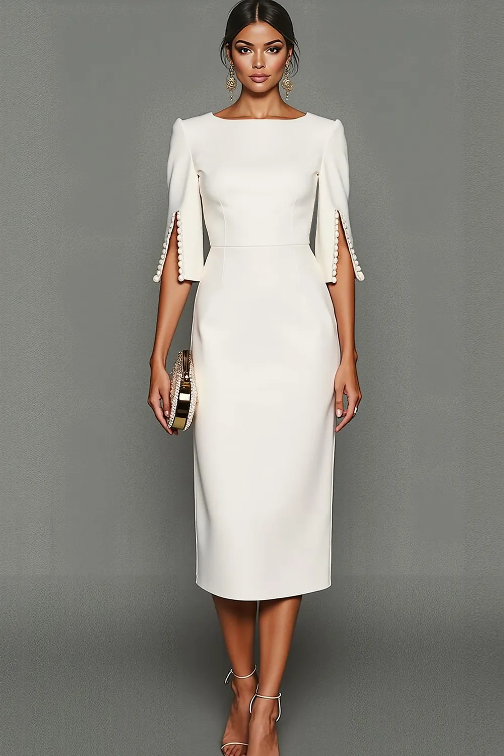 White Sheath Bateau Neck Midi Formal Dress sold by Zapaka