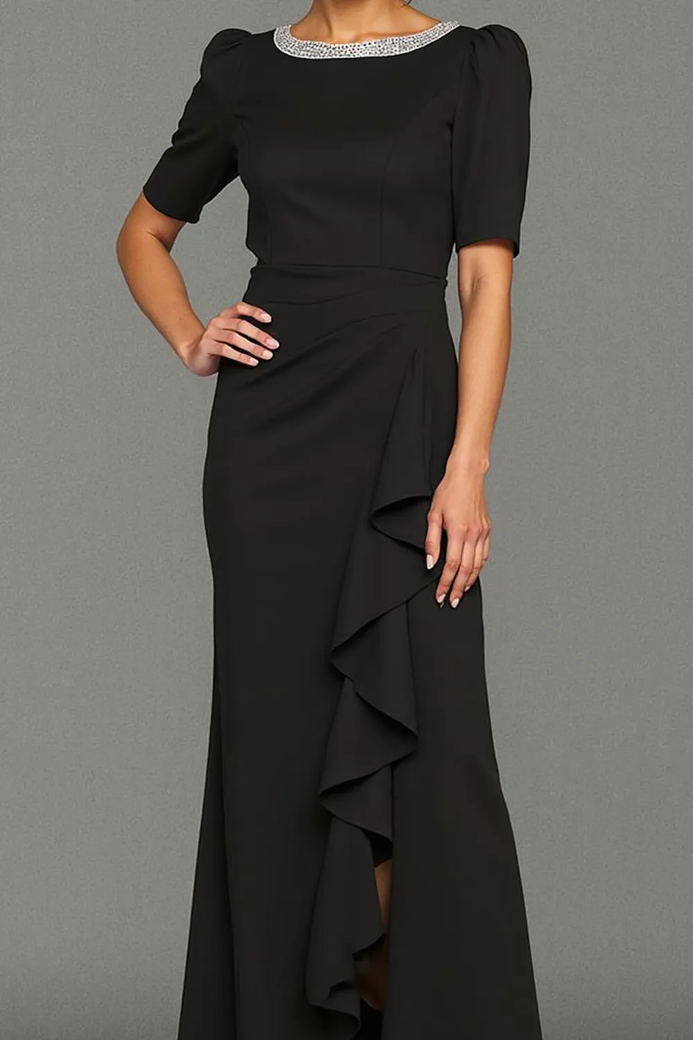 Sparkly Black Mermaid Ruffled Long Formal Dress with Slit sold by Zapaka product image thumbnail 2