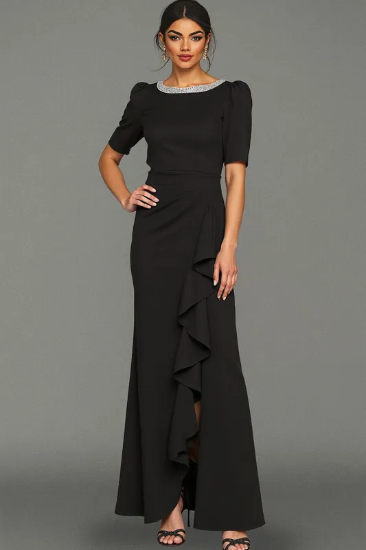 Sparkly Black Mermaid Ruffled Long Formal Dress with Slit sold by Zapaka