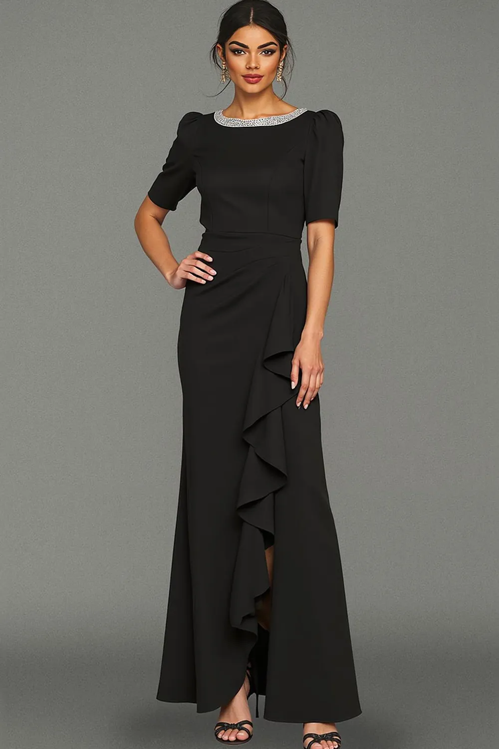 Sparkly Black Mermaid Ruffled Long Formal Dress with Slit sold by Zapaka