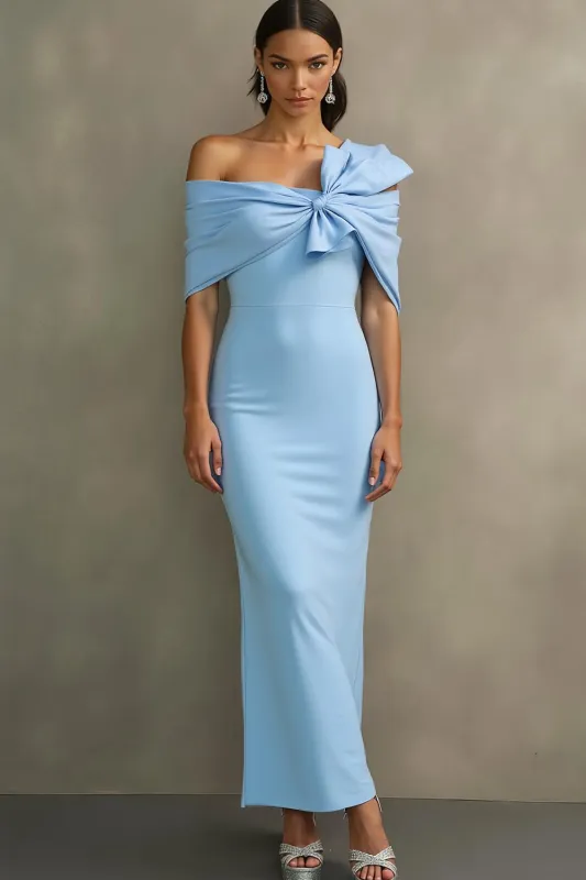 Sky Blue Mermaid Off the Shoulder Long Formal Dress with Bow sold by Zapaka