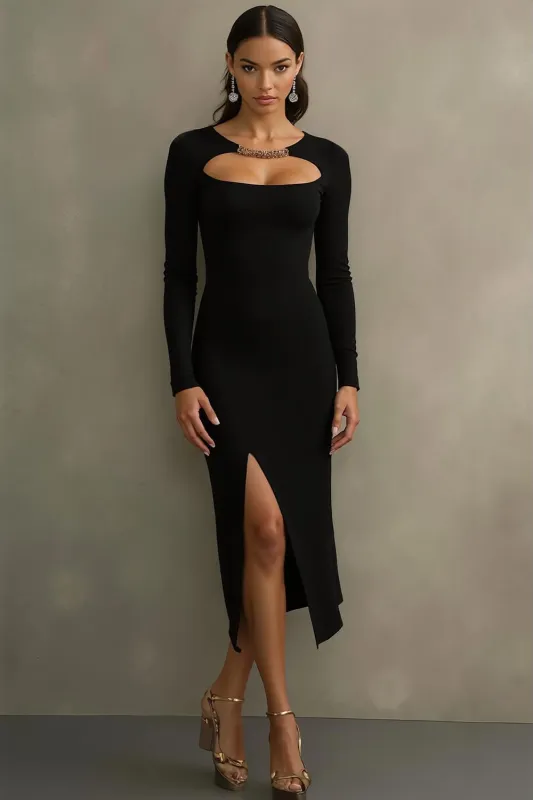 Black Sheath Midi Formal Dress with Long Sleeves sold by Zapaka