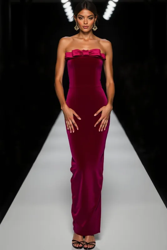 Cabernet Velvet Strapless Long Holiday Party Dress with Bow sold by Zapaka