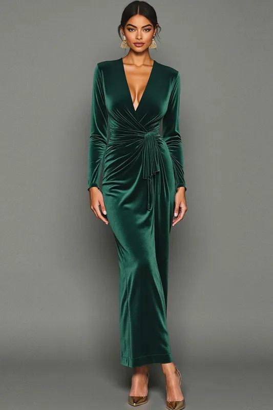 Dark Green Velvet Sheath V-Neck Long Holiday Party Dress sold by Zapaka