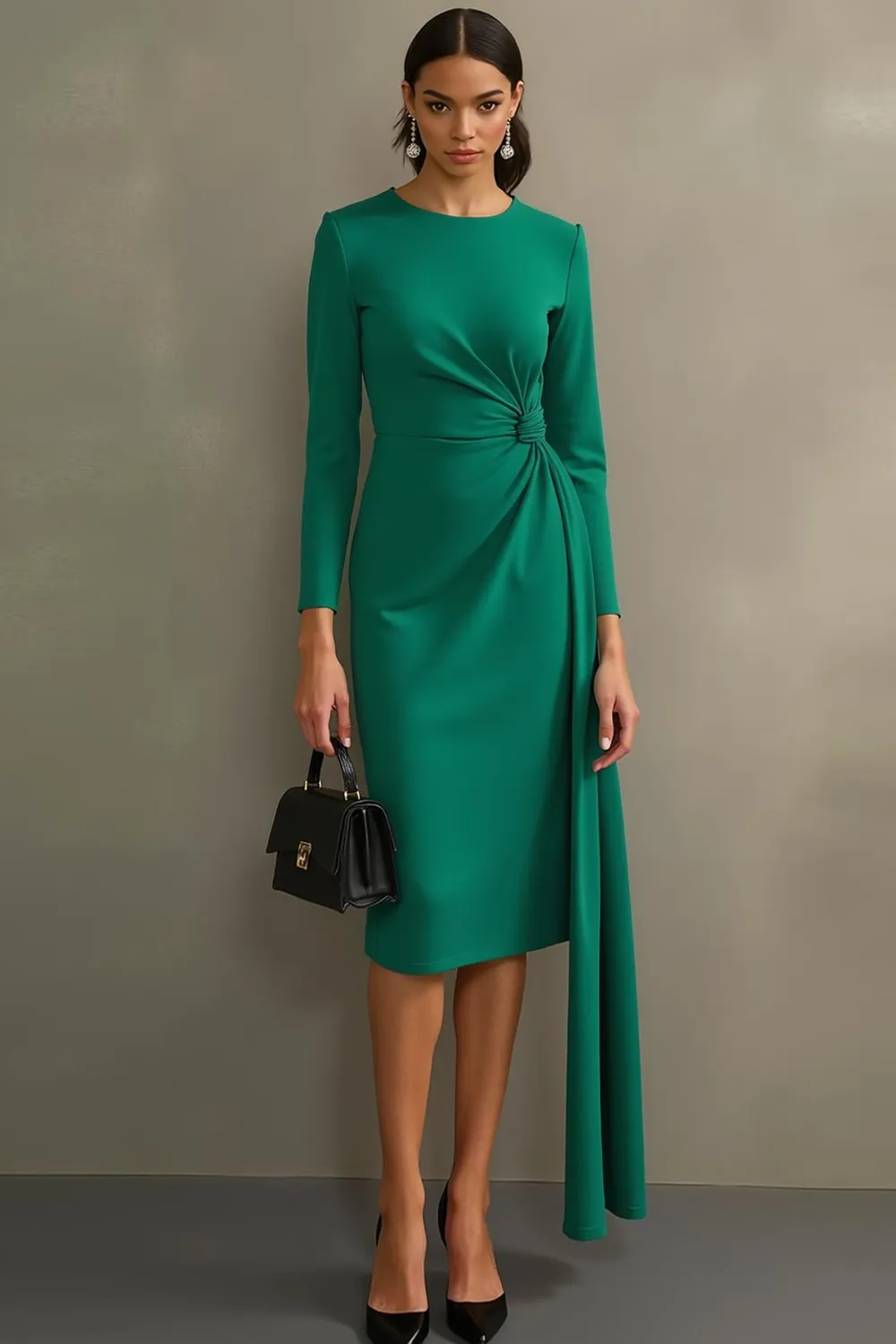 Dark Green Sheath Midi Formal Dress with Long Sleeves sold by Zapaka