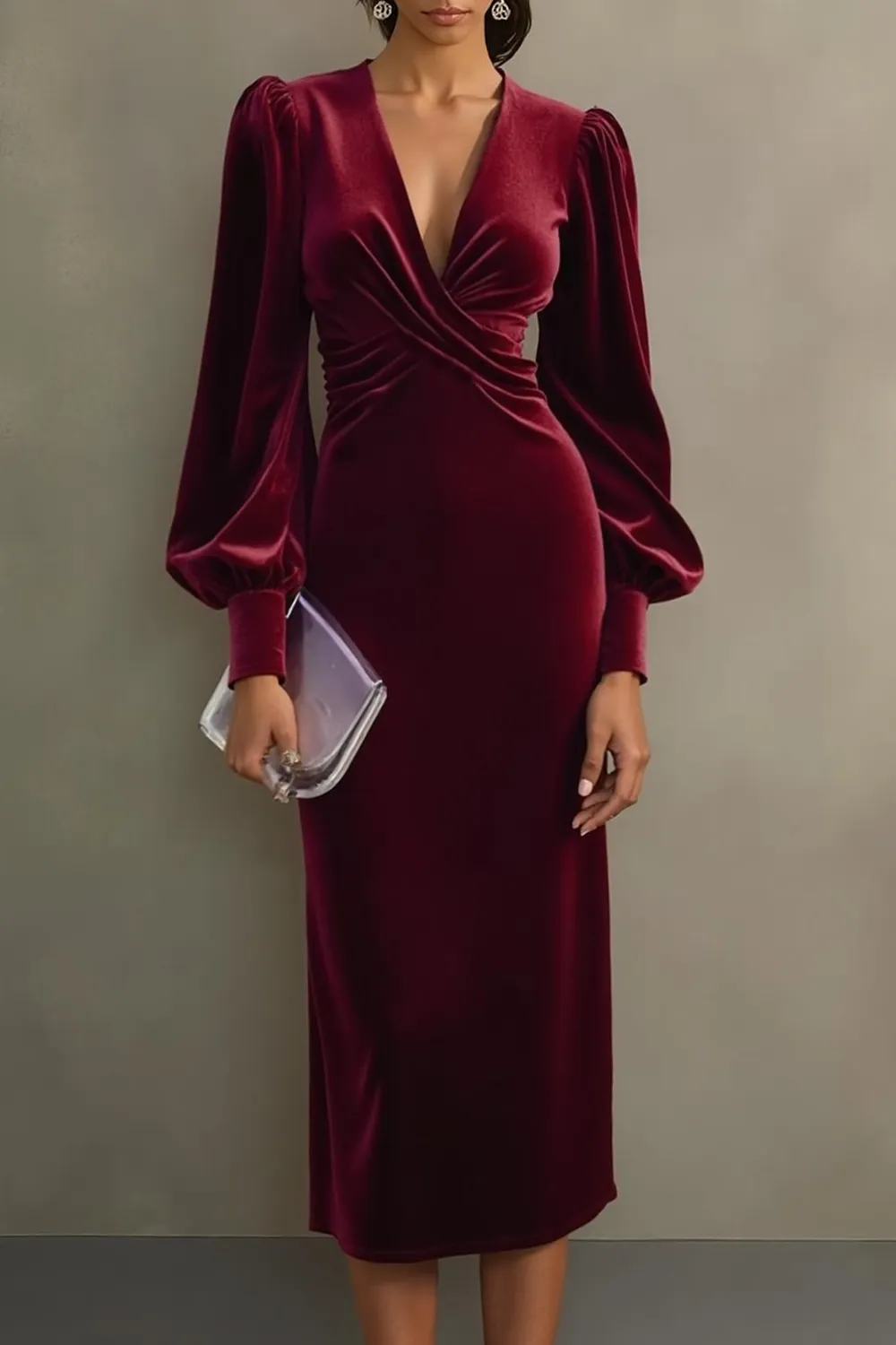 Cabernet Velvet Sheath Long Sleeve Midi Holiday Party Dress sold by Zapaka product image thumbnail 3