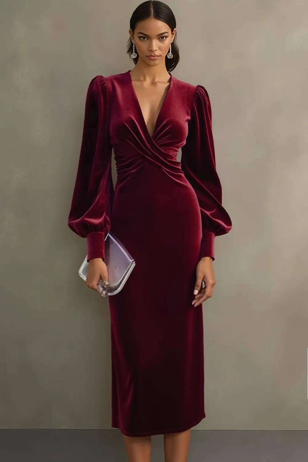 Cabernet Velvet Sheath Long Sleeve Midi Holiday Party Dress sold by Zapaka