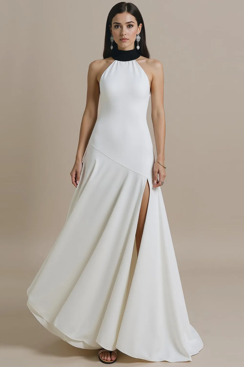 White A Line High Neck Long Formal Dress with Slit sold by Zapaka