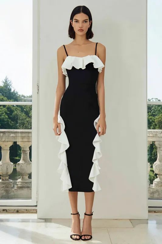 Black and White Bodycon Ruffled Midi Formal Dress sold by Zapaka
