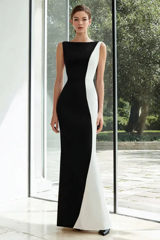 Mermaid Bateau Neck Black and White Long Formal Dress sold by Zapaka