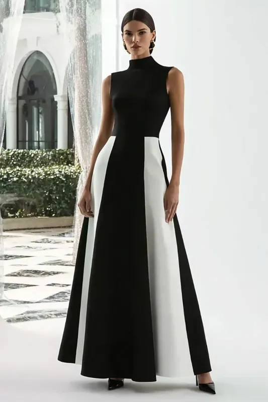 A-Line High Neck Black and White Long Formal Dress sold by Zapaka