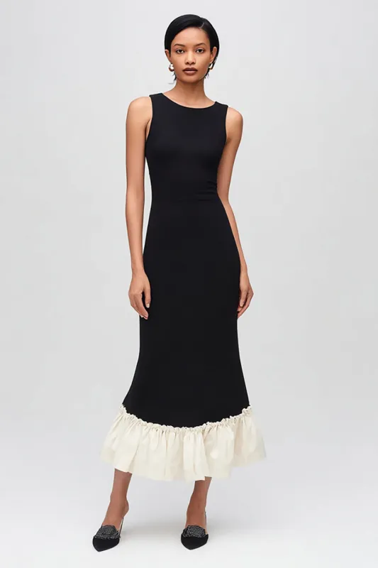 Mermaid Scoop Neck Black and White Ruffled Midi Formal Dress sold by Zapaka
