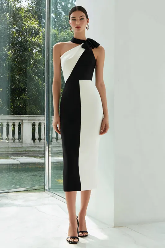 Black and White Halter Midi Bodycon Formal Dress sold by Zapaka