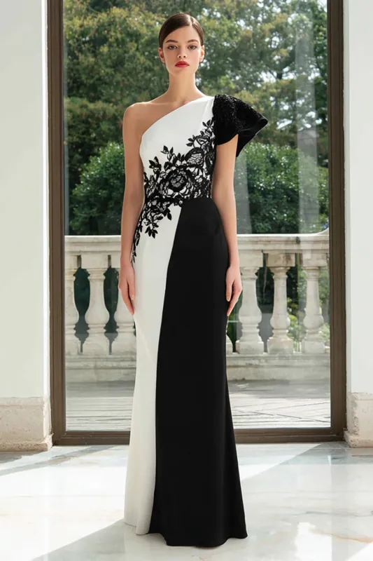 Sheath Black and White Appliqued One Shoulder Formal Dress sold by Zapaka