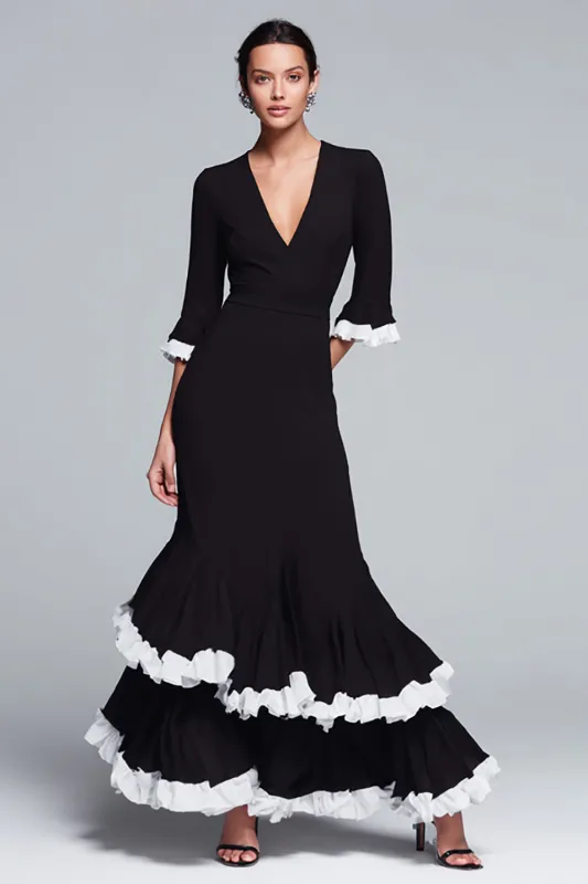 Black and White V-Neck Tiered Ruffled Mermaid Long Formal Dress sold by Zapaka
