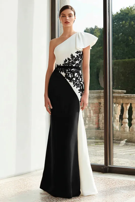 Black and White One Shoulder Mermaid Appliqued Formal Dress sold by Zapaka