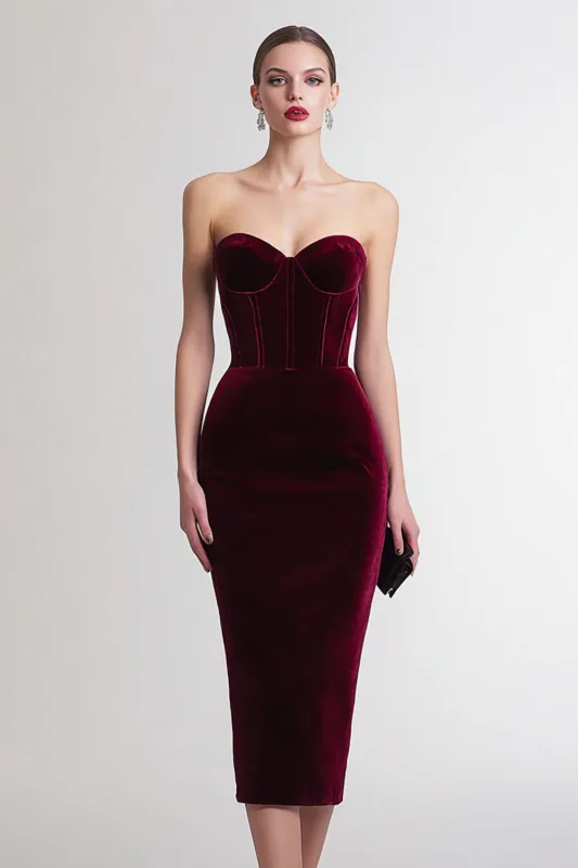 Burgundy Strapless Velvet Bodycon Midi Formal Dress sold by Zapaka