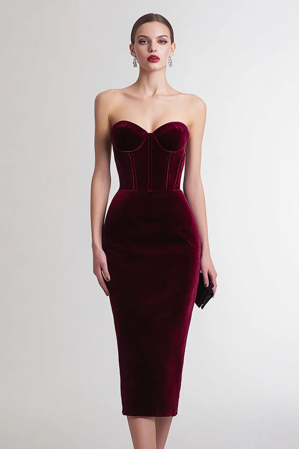 Burgundy Strapless Velvet Bodycon Midi Formal Dress sold by Zapaka