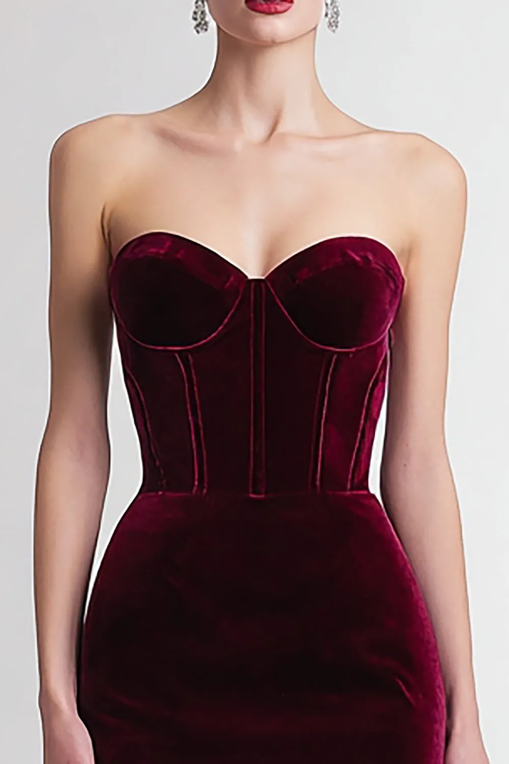 Burgundy Strapless Velvet Bodycon Midi Formal Dress sold by Zapaka product image thumbnail 2