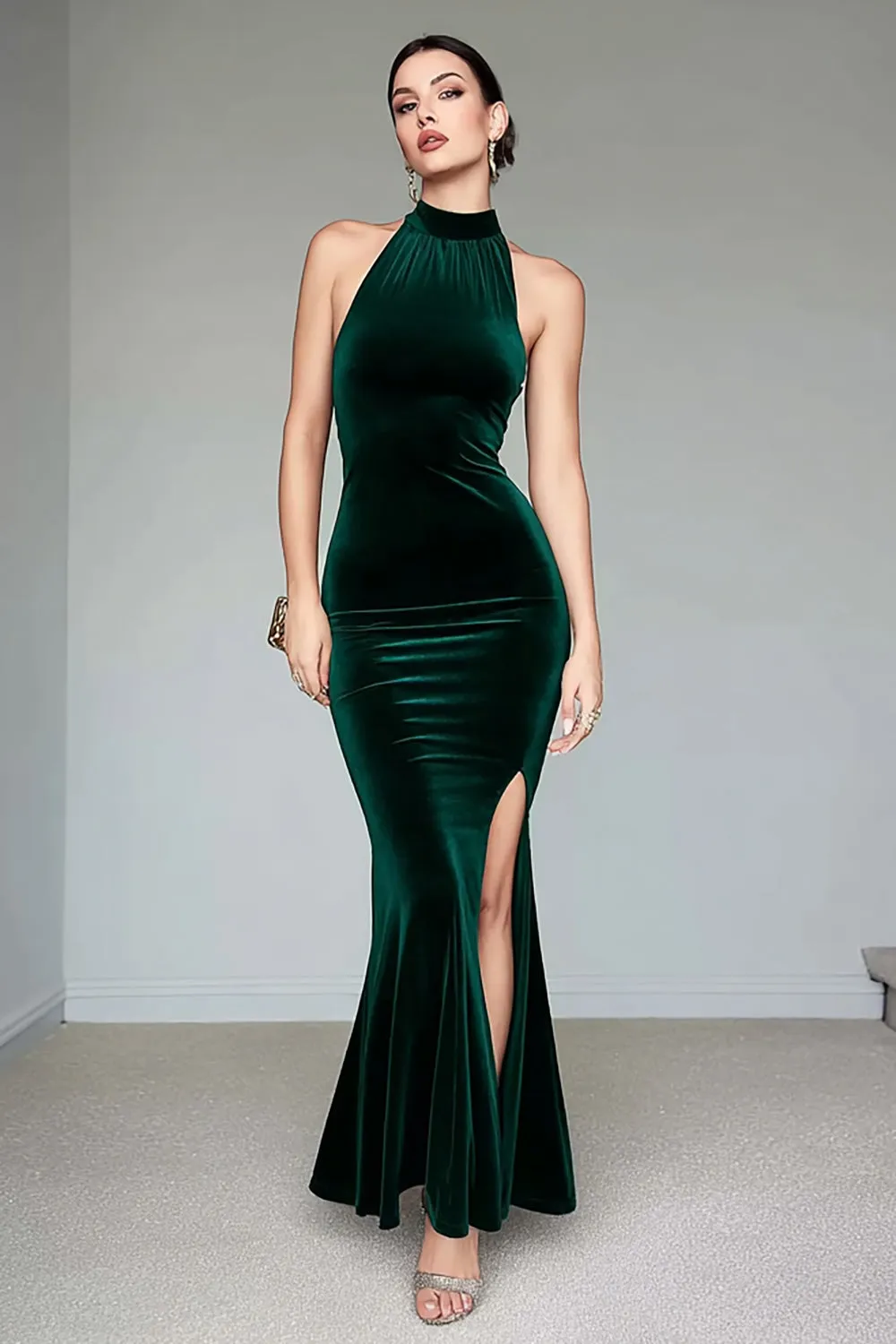 Mermaid Halter Dark Green Velvet Long Formal Dress with Slit sold by Zapaka
