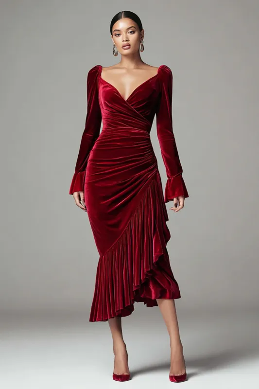 Velvet Mermaid Burgundy Long Sleeve Ruffled Midi Formal Dress sold by Zapaka