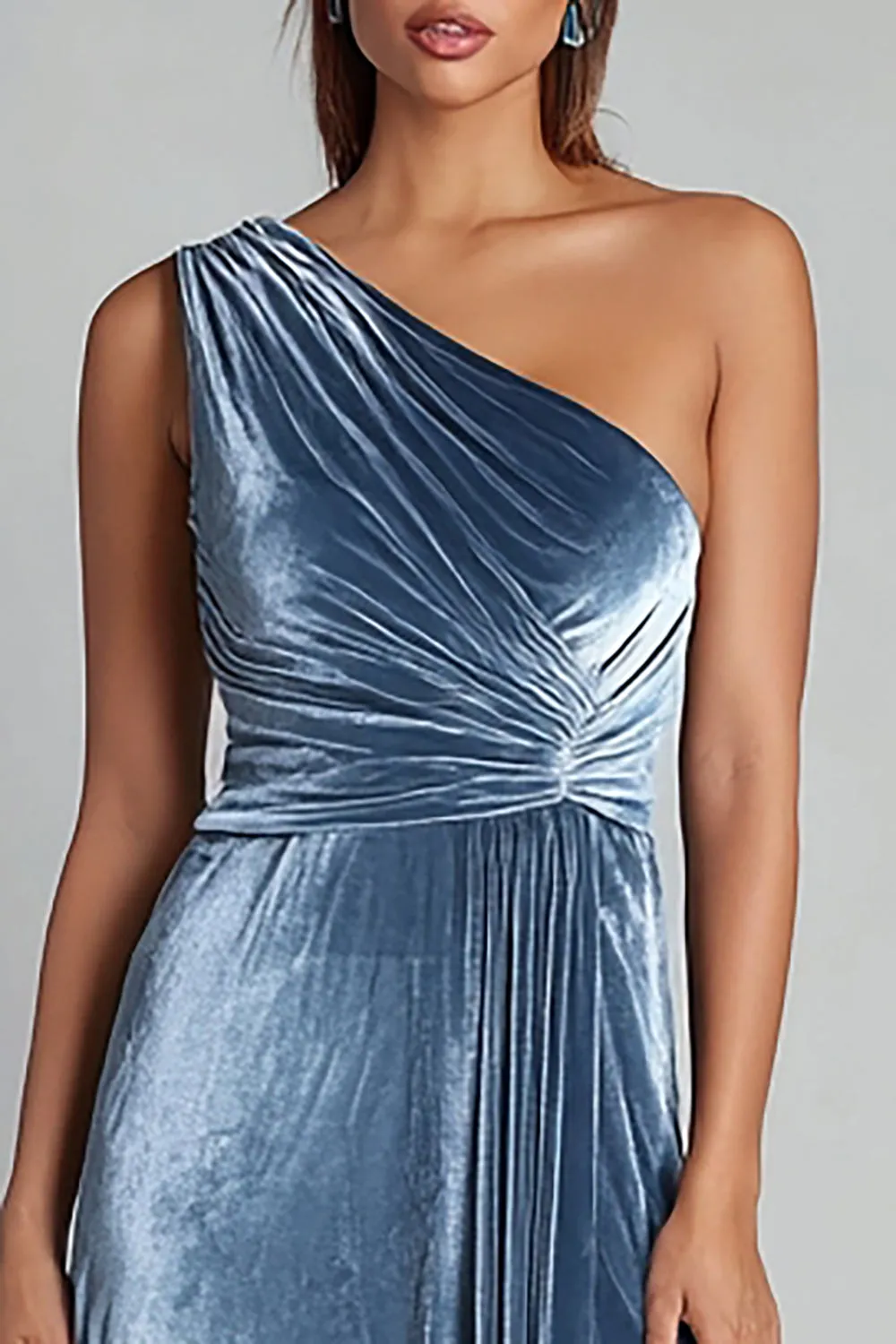 One Shoulder Dusty Blue A-Line Velvet Formal Dress with Slit sold by Zapaka product image thumbnail 2